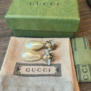 Gucci Pearl & Rhinestone Bee Drop Dangle Earrings